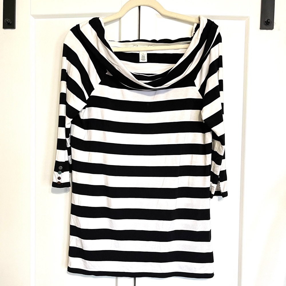WHBM Off-Shoulder Striped Knit Top – Size Large, Tall-Friendly Fit - Picture 7 of 13